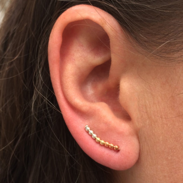Mixed Metals Beaded Curved Ear Climbers- Copper, Silver and Gold
