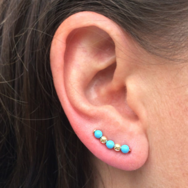 Gold and Turquoise Pearl Sweep Ear Climbers