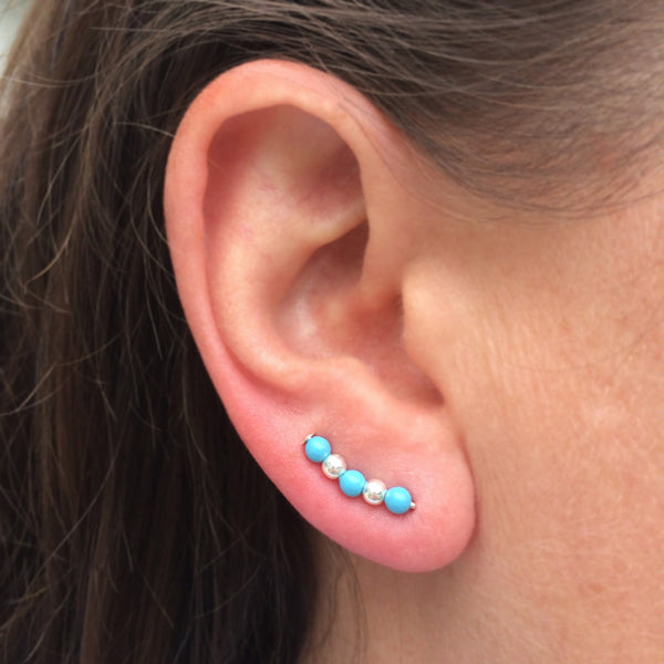 Silver and Turquoise Pearl Sweep Ear Climbers