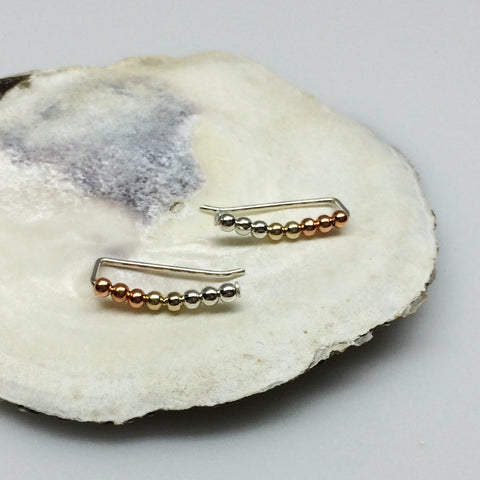Mixed Metals Beaded Curved Ear Climbers- Copper, Silver and Gold