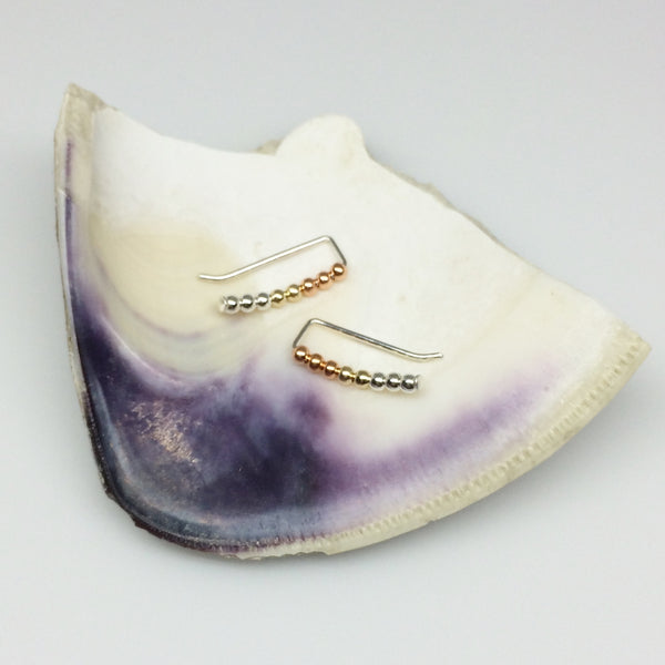 Mixed Metals Beaded Curved Ear Climbers- Copper, Silver and Gold