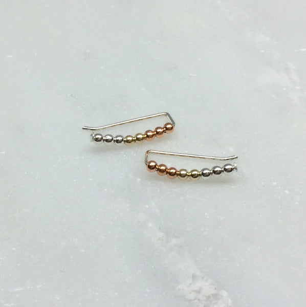 Mixed Metals Beaded Curved Ear Climbers- Copper, Silver and Gold