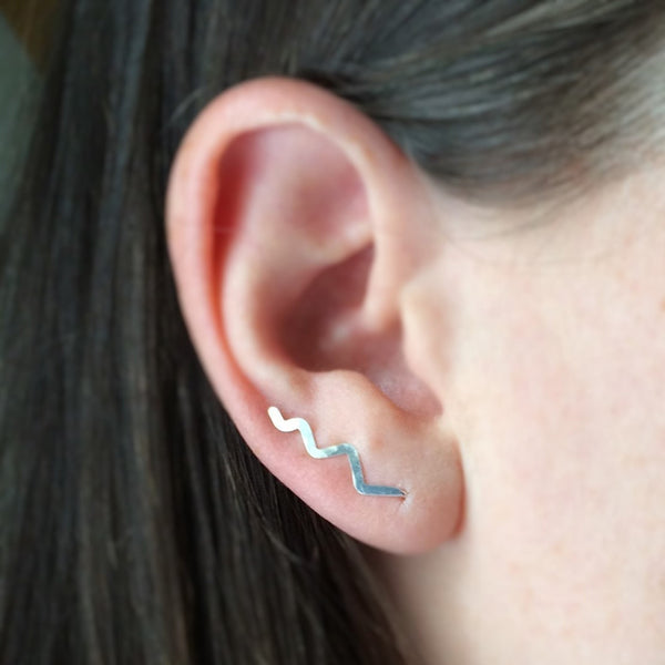 Sterling Silver Scribble Ear Climber- Lightweight Modern Minimalist, Ear Pin, Ear Sweep, Unusual Earring, Athlete Gift, Abstract Jewelry - Squirrel's Nest Jewelry - 1