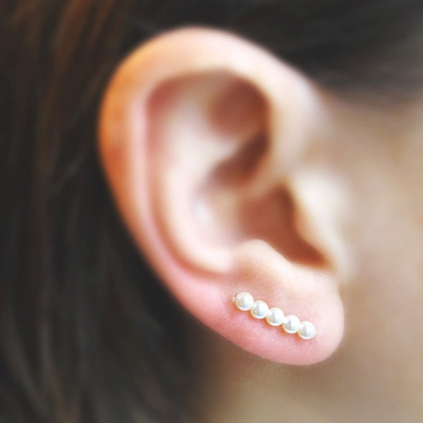 Swarovski Crystal Pearl Ear Pins in Creamrose - Straight - Squirrel's Nest Jewelry - 1